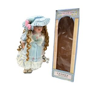 Cathay Collection Porcelain Doll Blue Dress Curly Hair With Box‎ Collectible